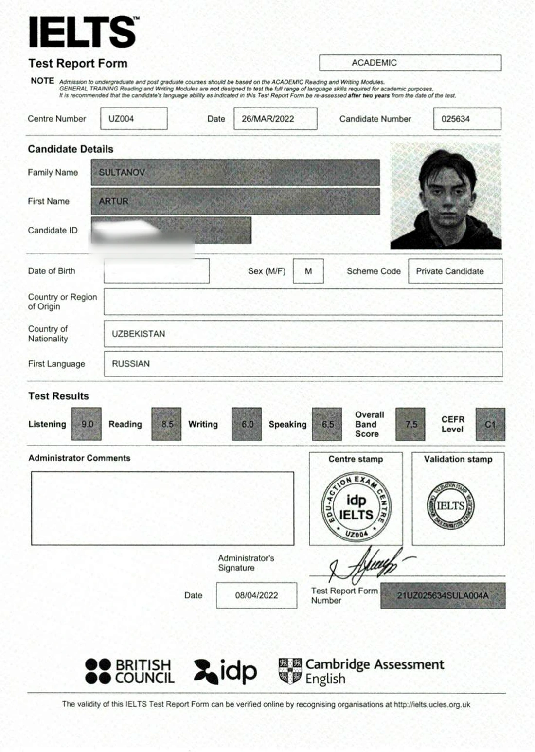Official IELTS Test Report Form for Artur Sultanov — archive result