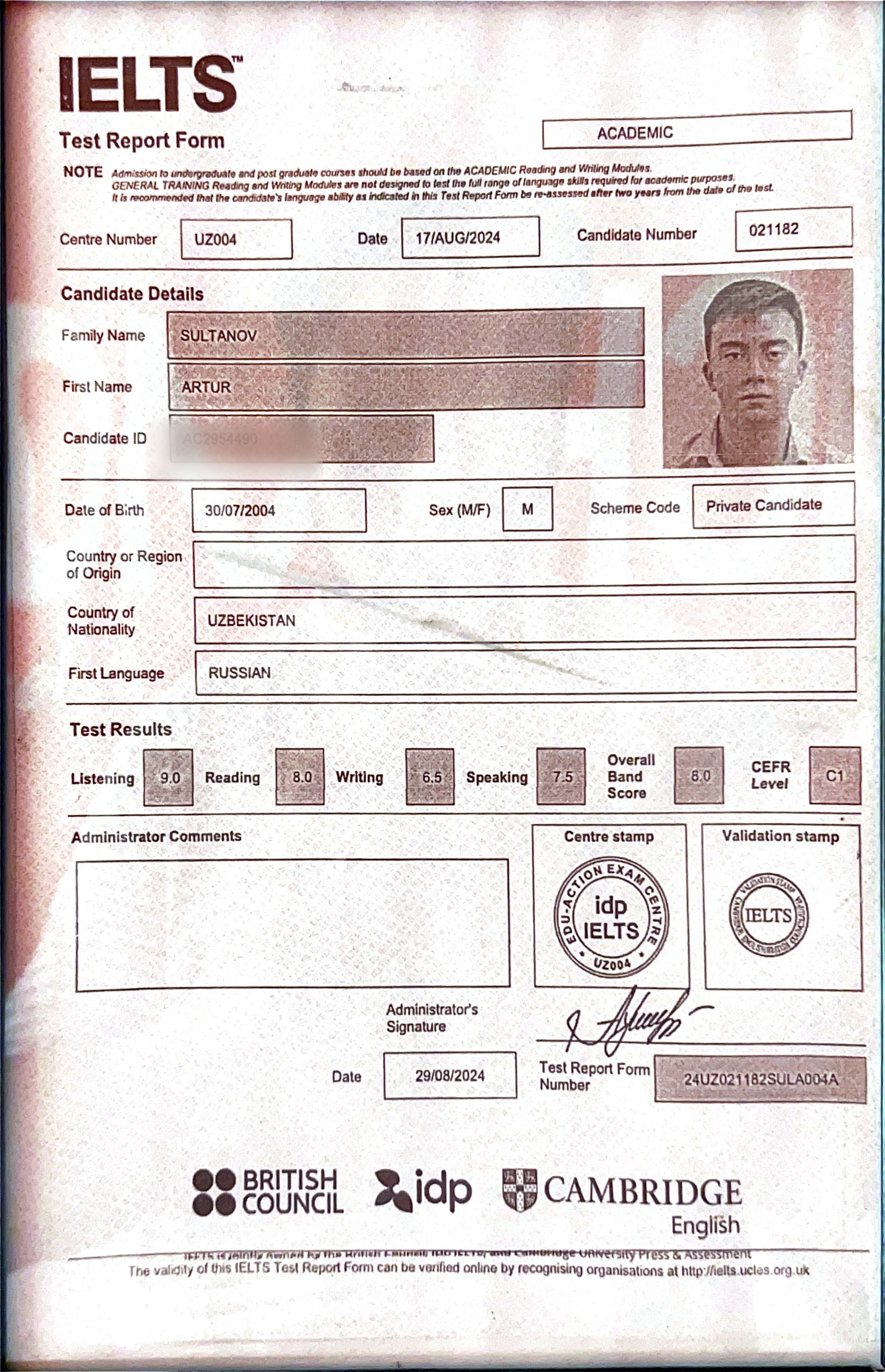 Official IELTS Test Report Form for Artur Sultanov