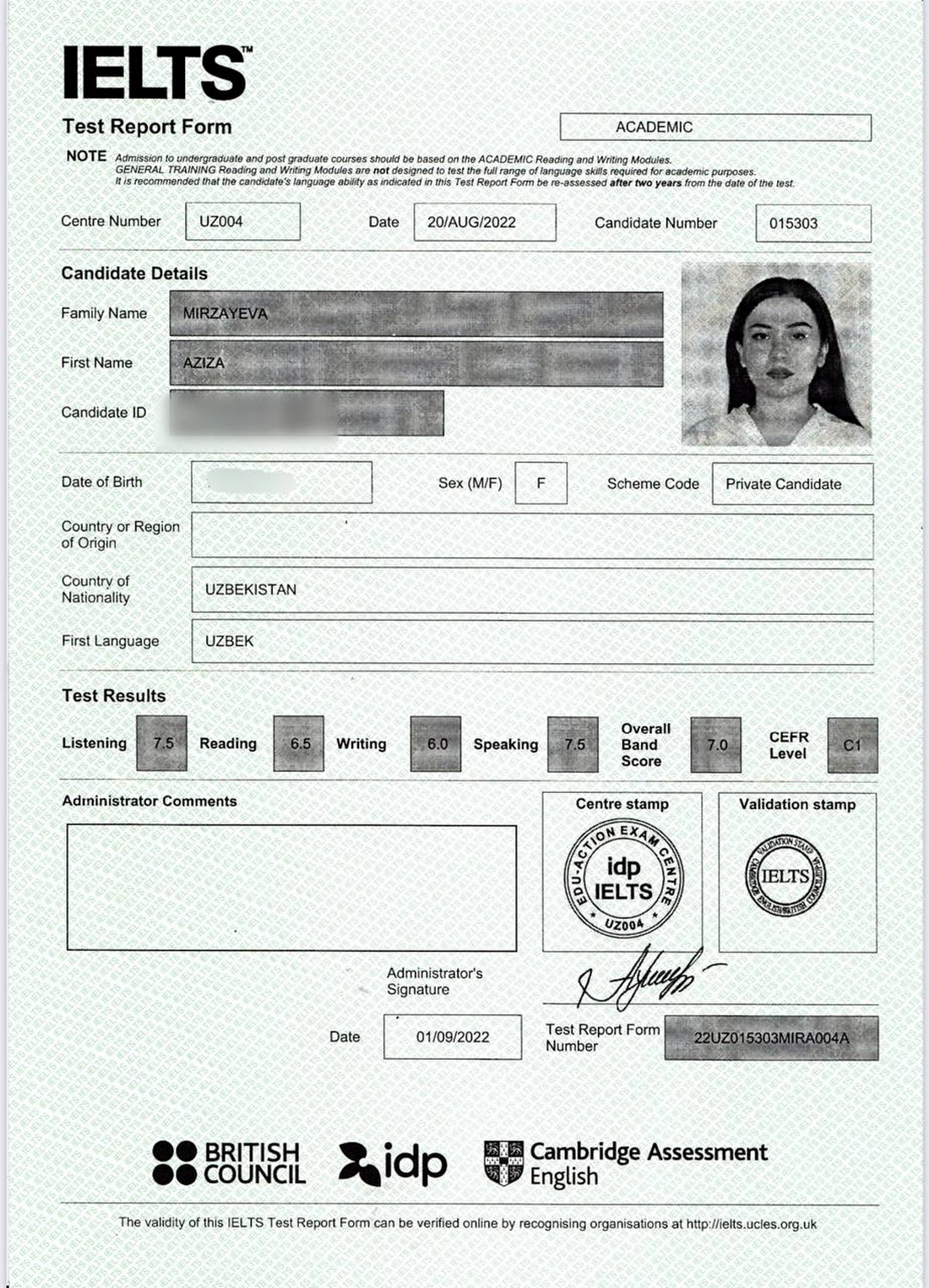 Official IELTS Test Report Form for Aziza Mirzayeva