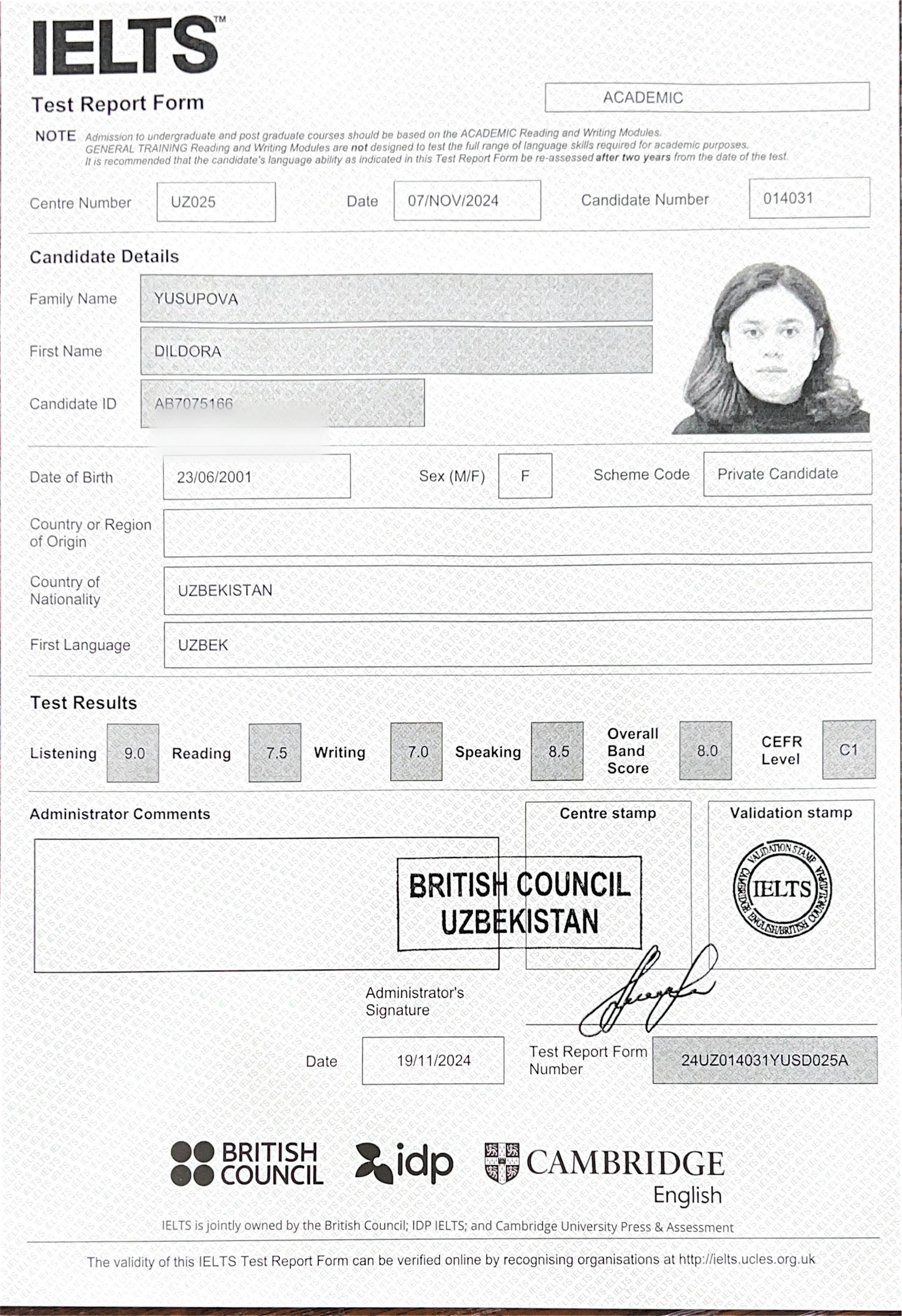 Official IELTS Test Report Form for Dildora Yusupova
