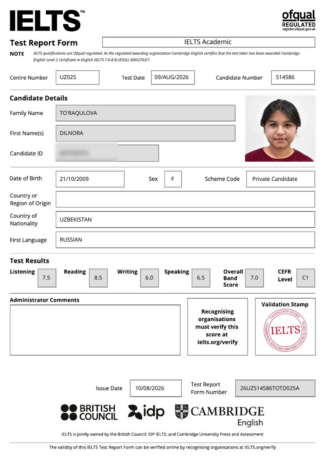 Official IELTS Test Report Form for Dilnora To'Raqulova