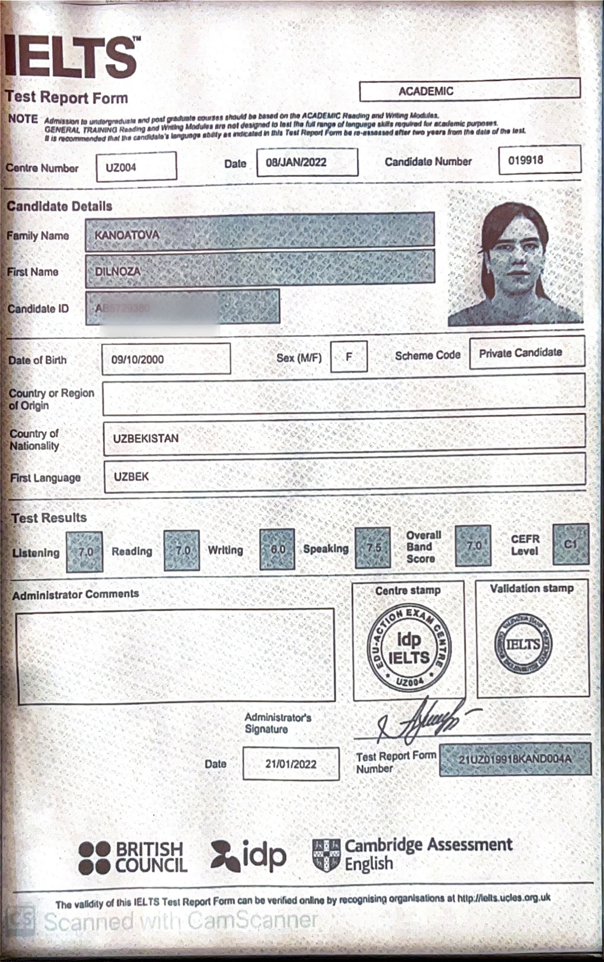 Official IELTS Test Report Form for Dilnoza Kanoatova