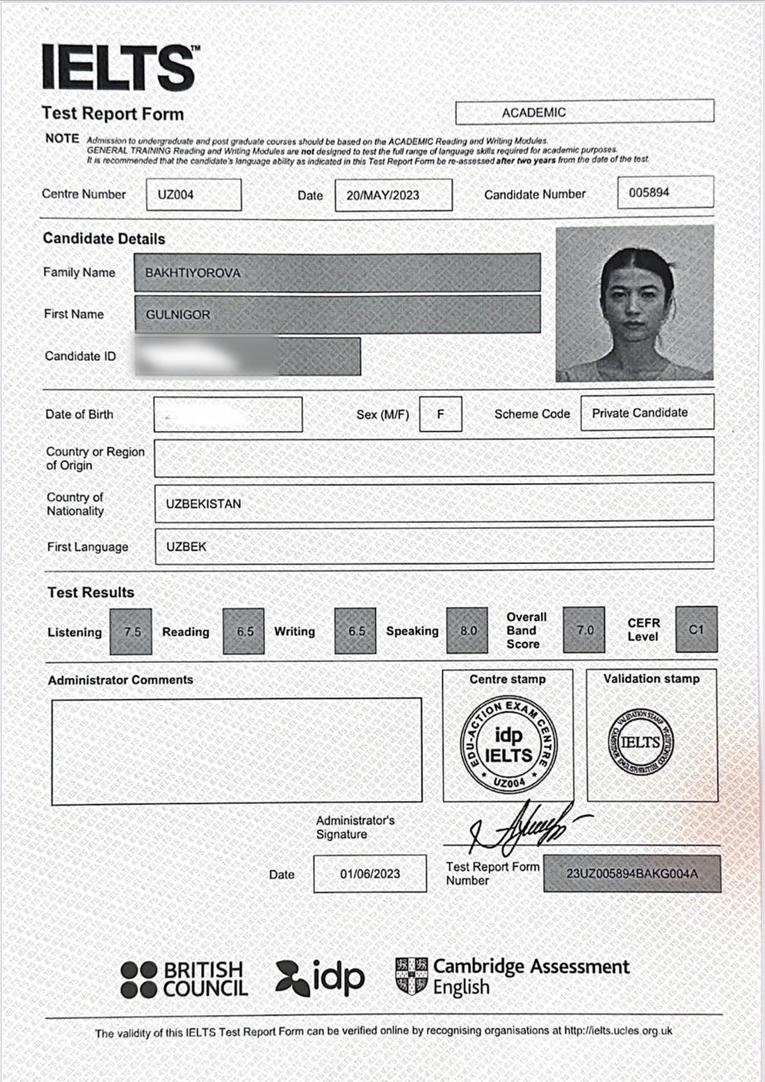 Official IELTS Test Report Form for Gulnigor Bakhtiyorova — archive result