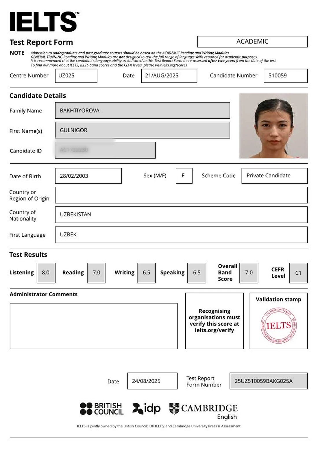 Official IELTS Test Report Form for Gulnigor Bakhtiyorova