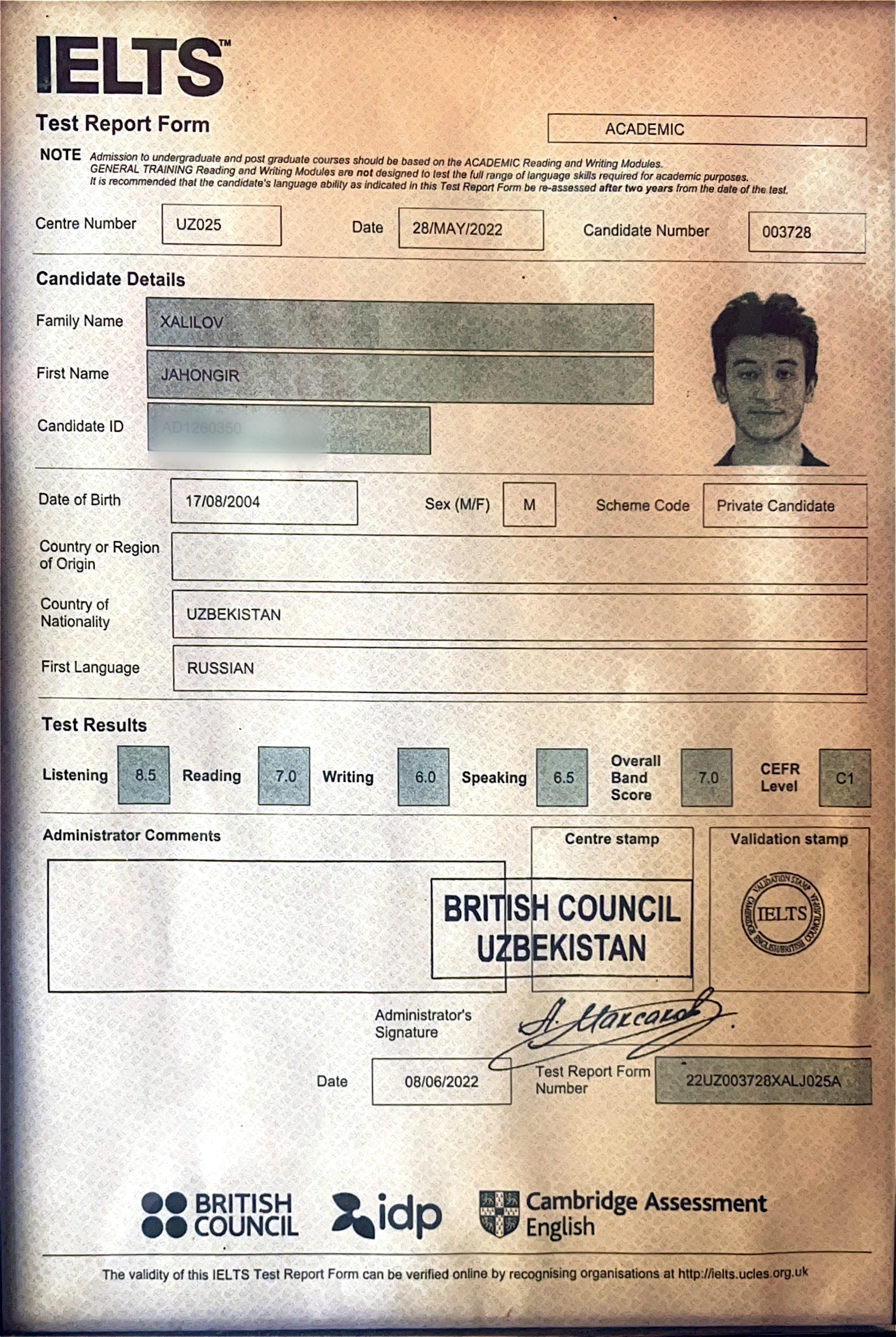 Official IELTS Test Report Form for Jahongir Xalilov