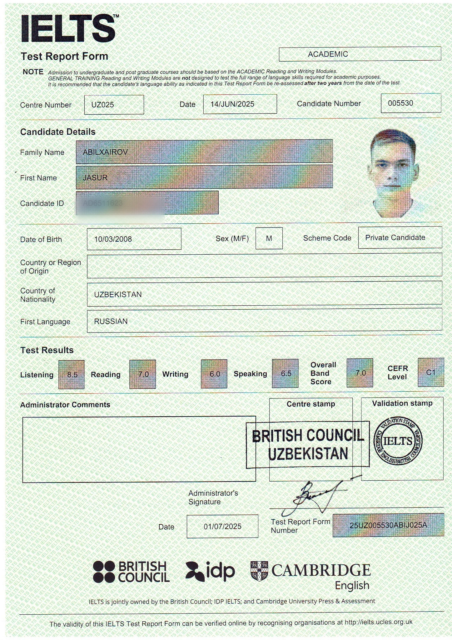 Official IELTS Test Report Form for Jasur Abilxairov