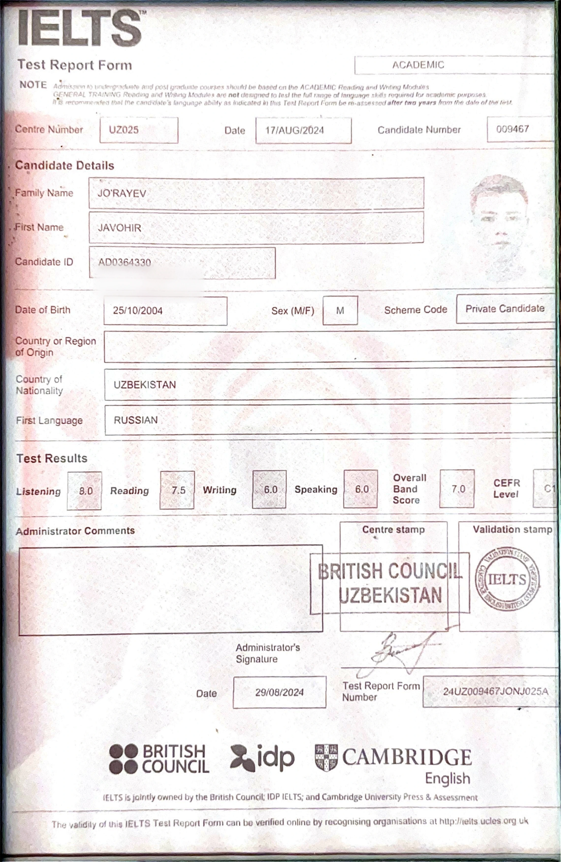 Official IELTS Test Report Form for Javohir Jo'Rayev