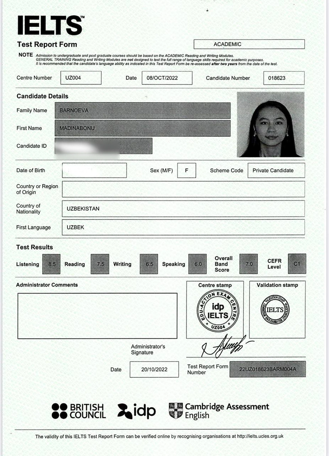 Official IELTS Test Report Form for Madinabonu Barnoeva