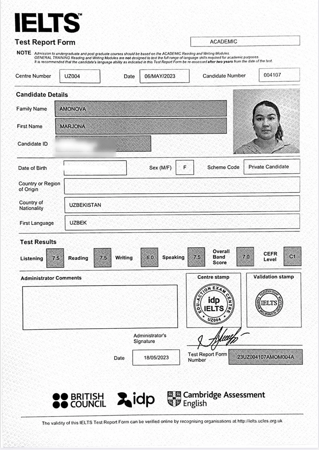 Official IELTS Test Report Form for Marjona Amonova