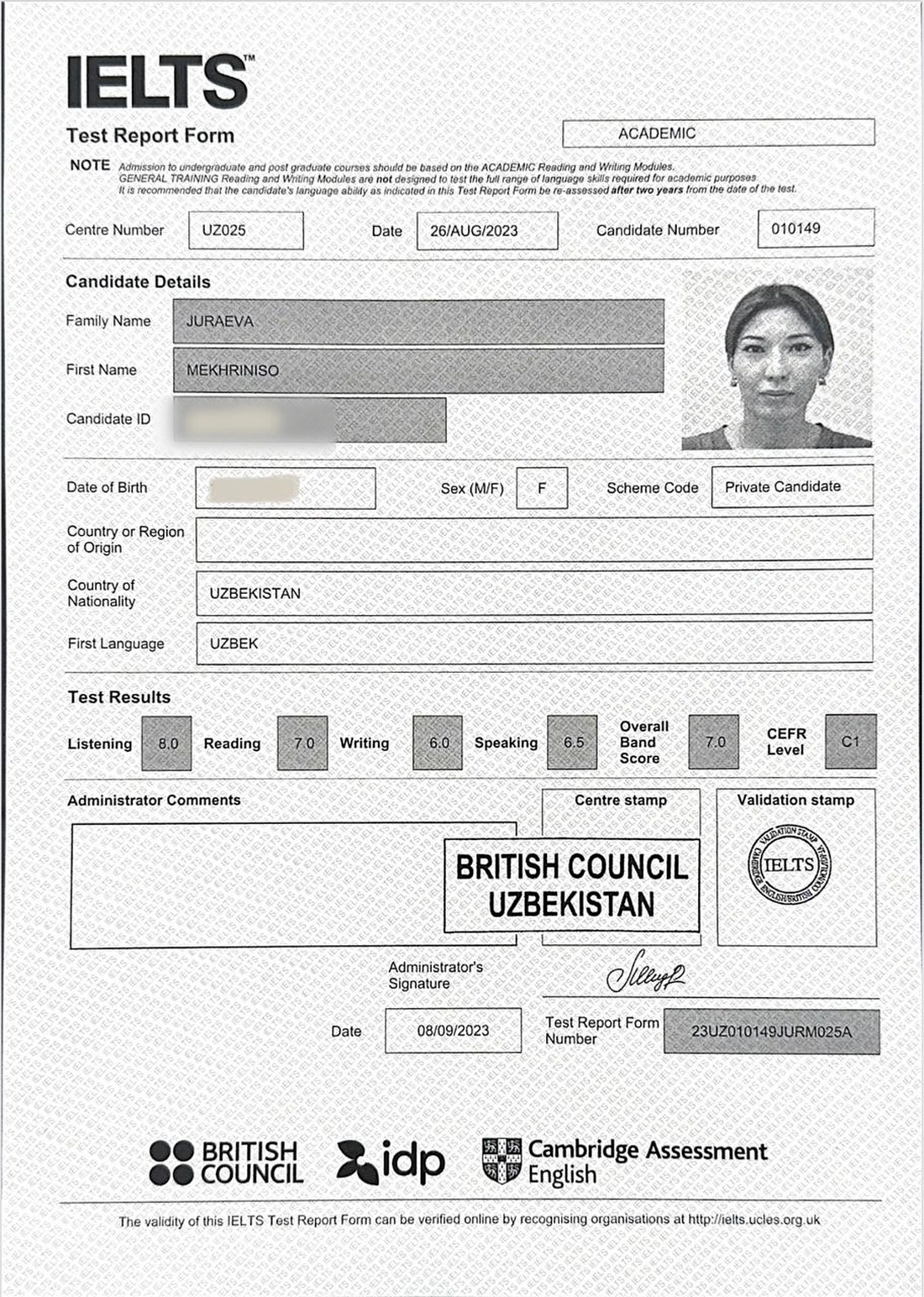 Official IELTS Test Report Form for Mekhriniso Juraeva