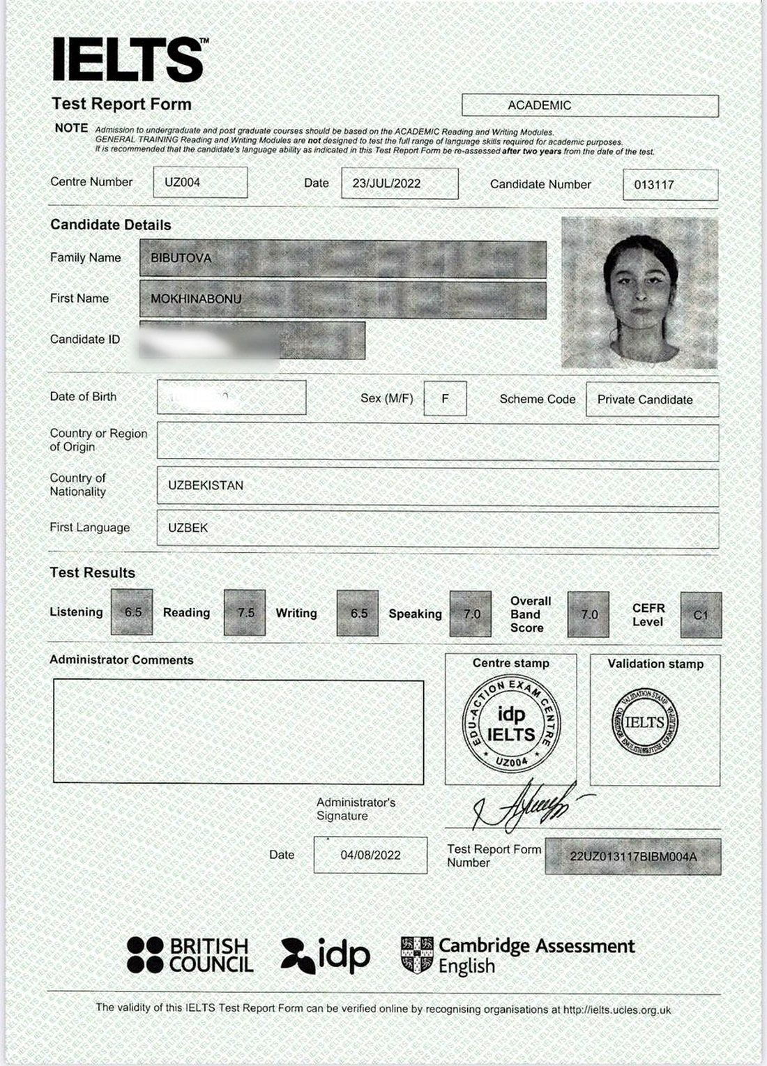Official IELTS Test Report Form for Mokhinabonu Bibutova