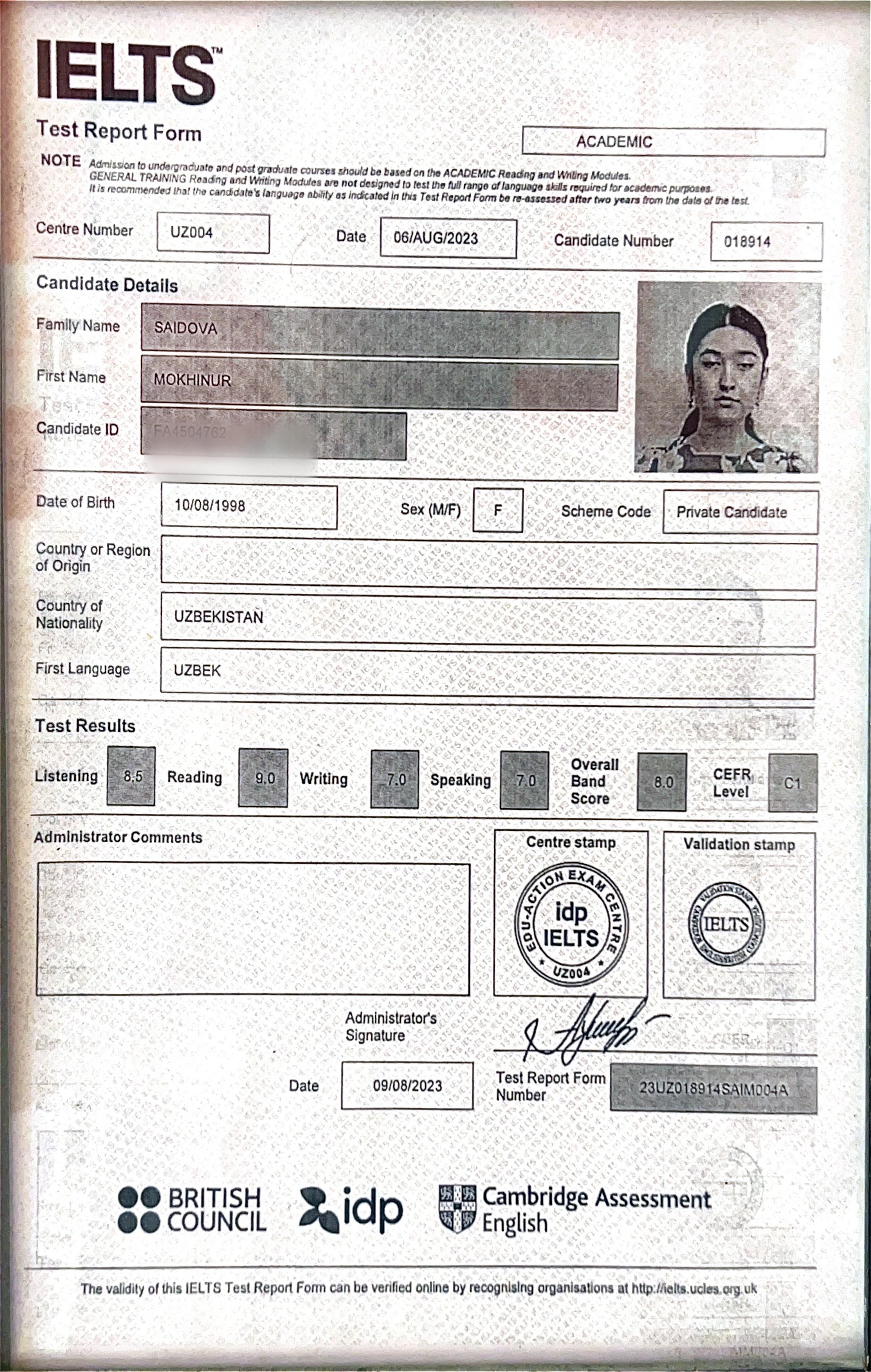 Official IELTS Test Report Form for Mokhinur Saidova
