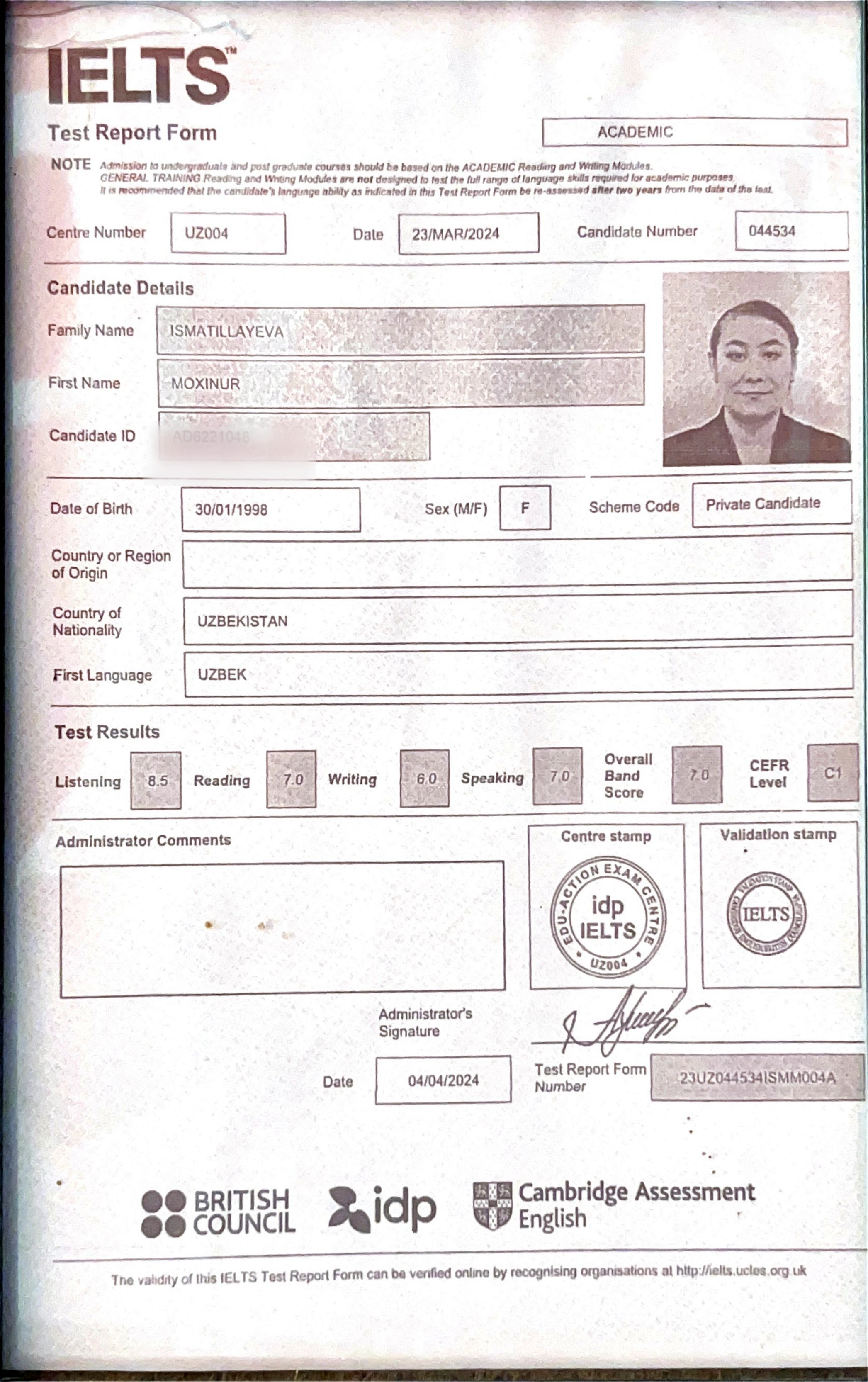 Official IELTS Test Report Form for Moxinur Ismatillayeva