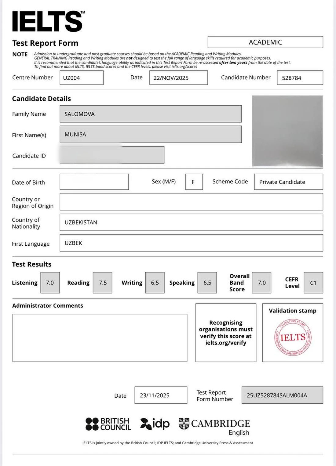 Official IELTS Test Report Form for Munisa Salomova