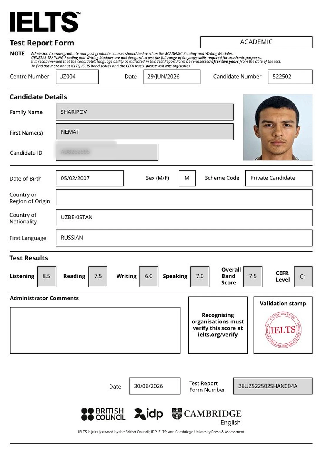 Official IELTS Test Report Form for Nemat Sharipov