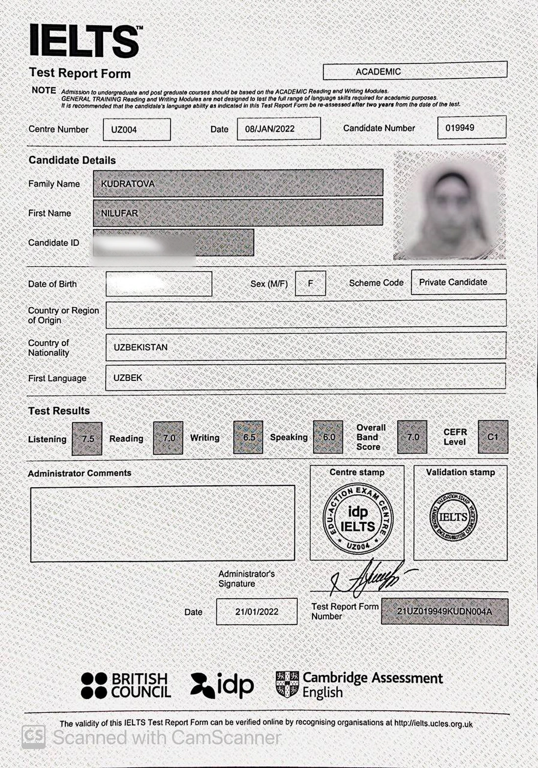 Official IELTS Test Report Form for Nilufar Kudratova — archive result