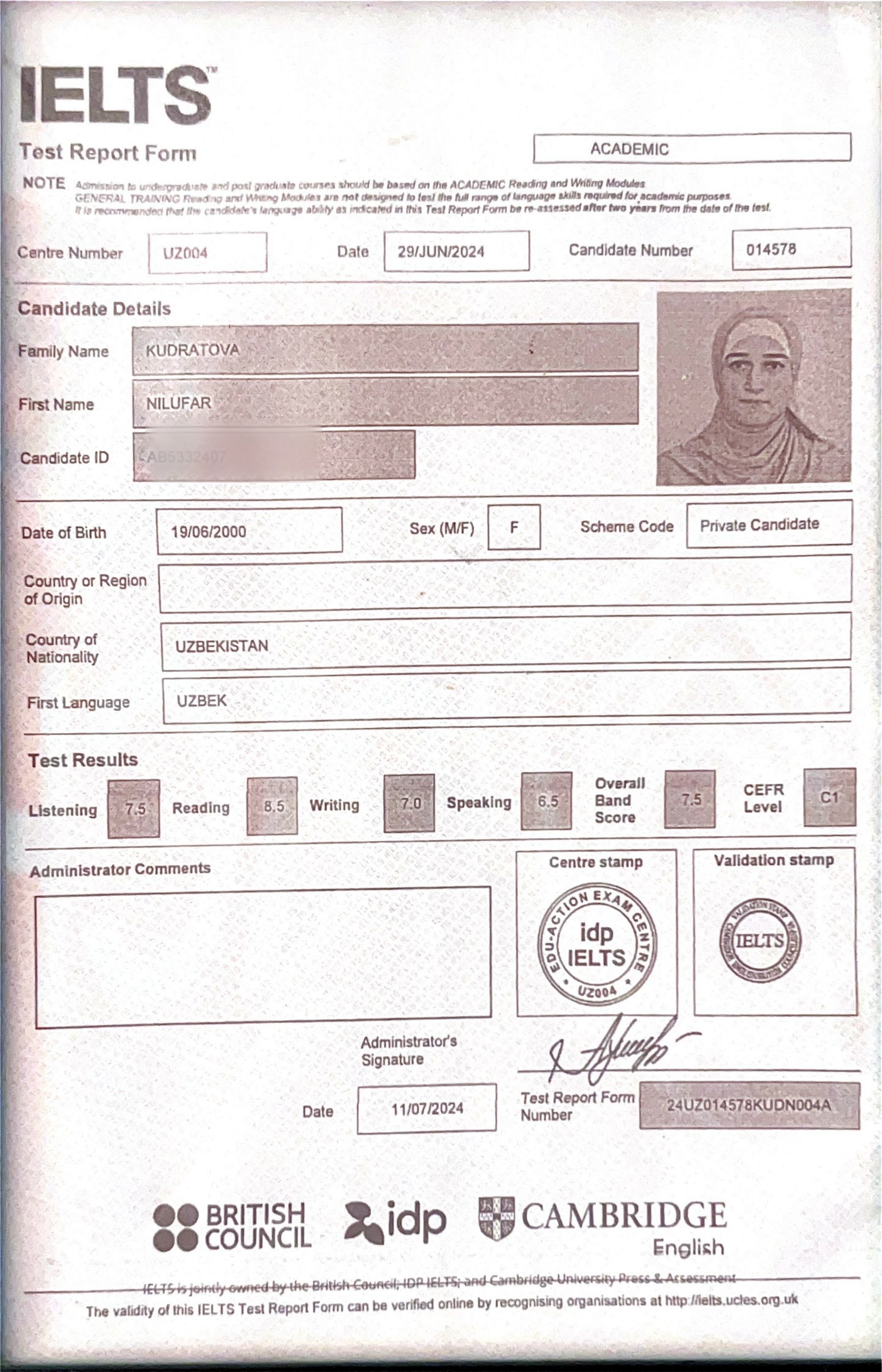 Official IELTS Test Report Form for Nilufar Kudratova