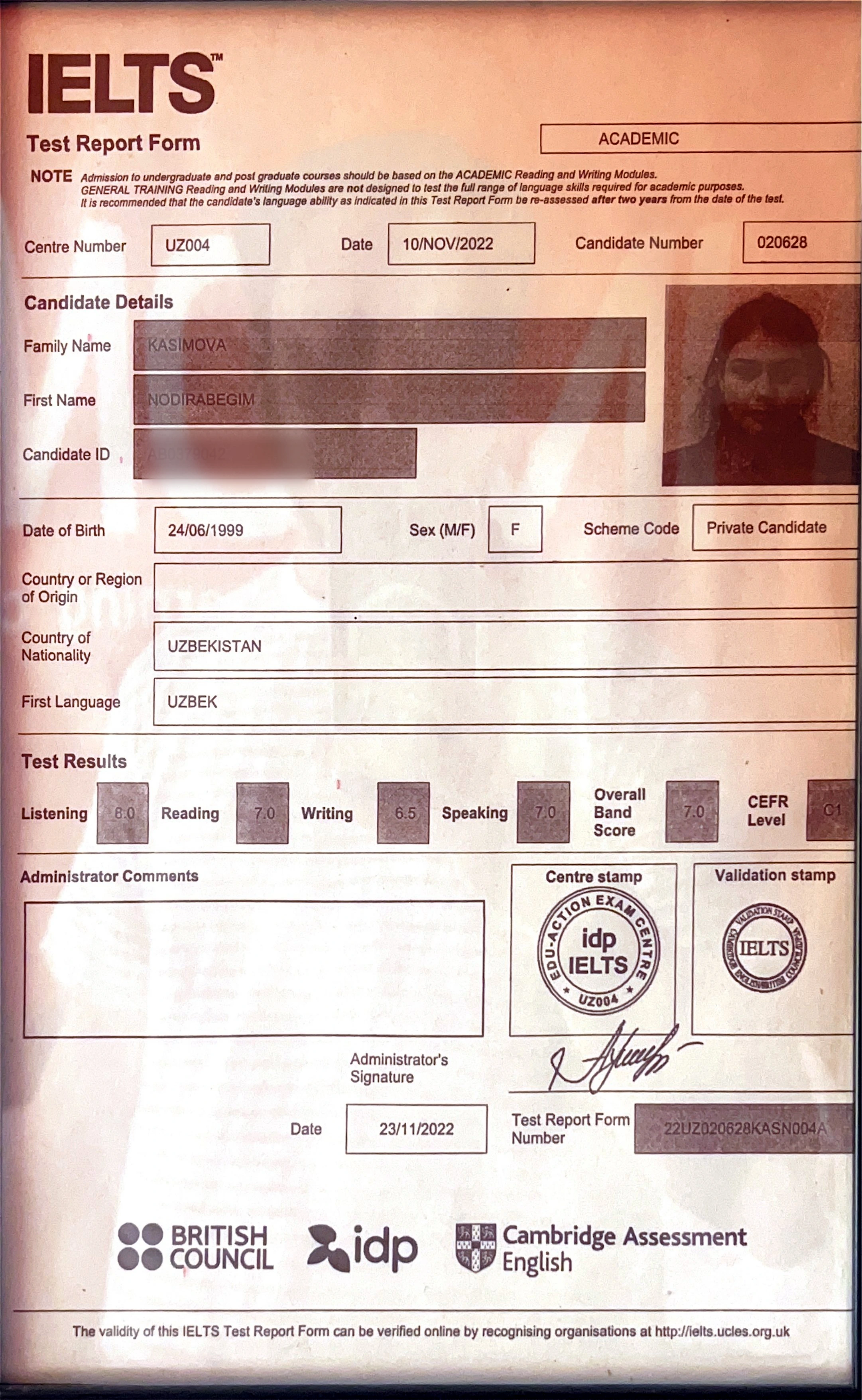 Official IELTS Test Report Form for Nodirabegim Kasimova