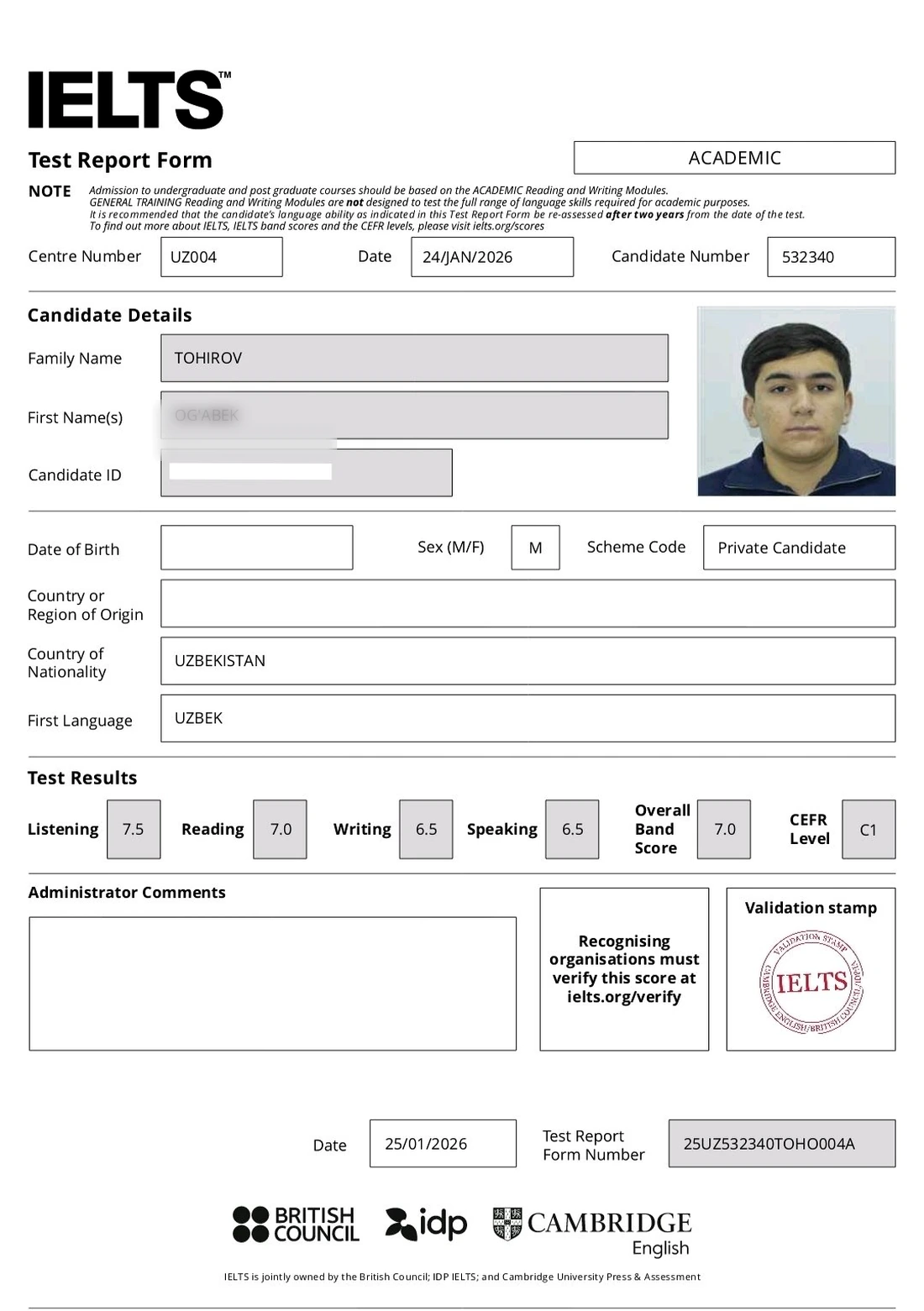 Official IELTS Test Report Form for Og'Abek Tohirov