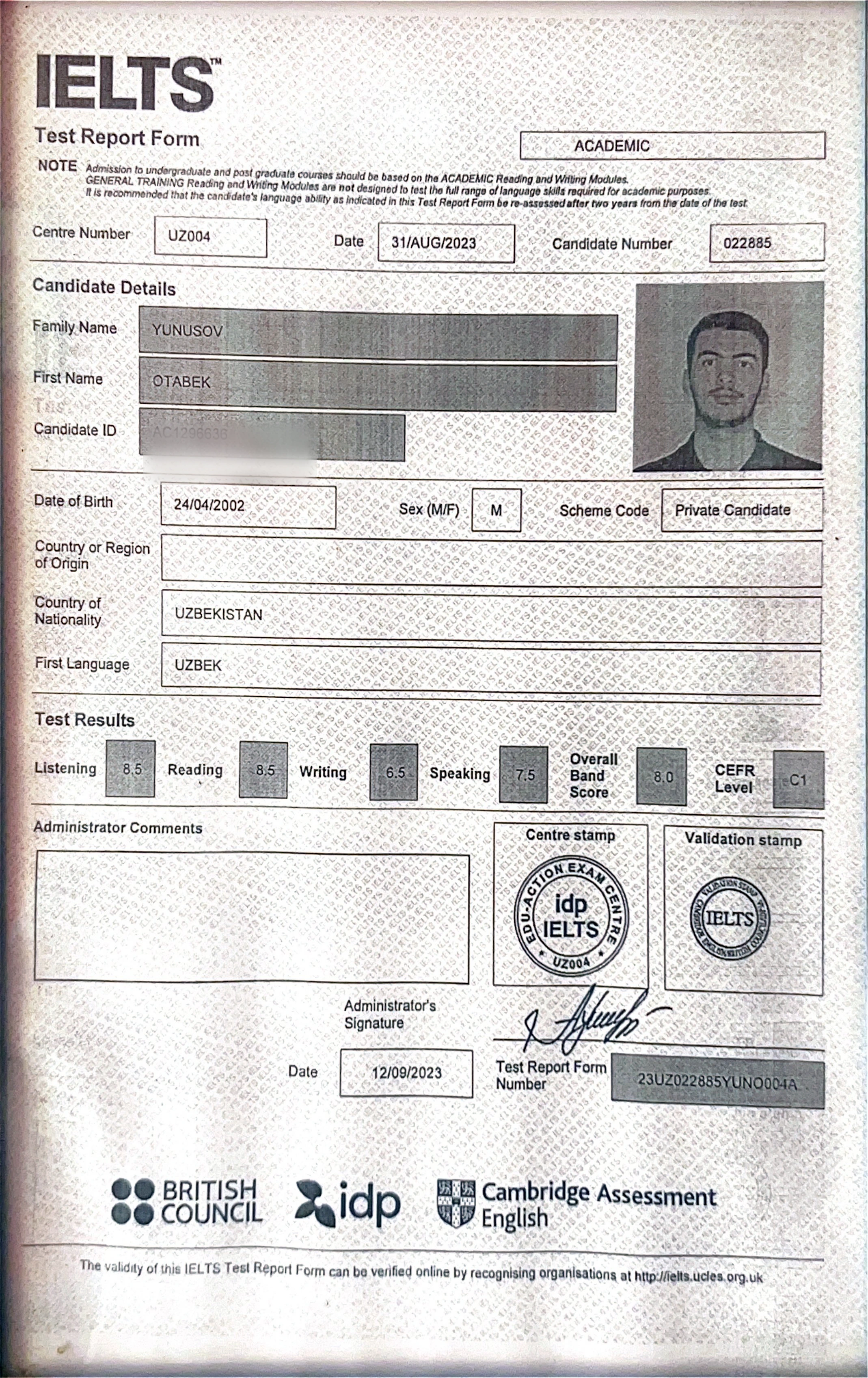 Official IELTS Test Report Form for Otabek Yunusov
