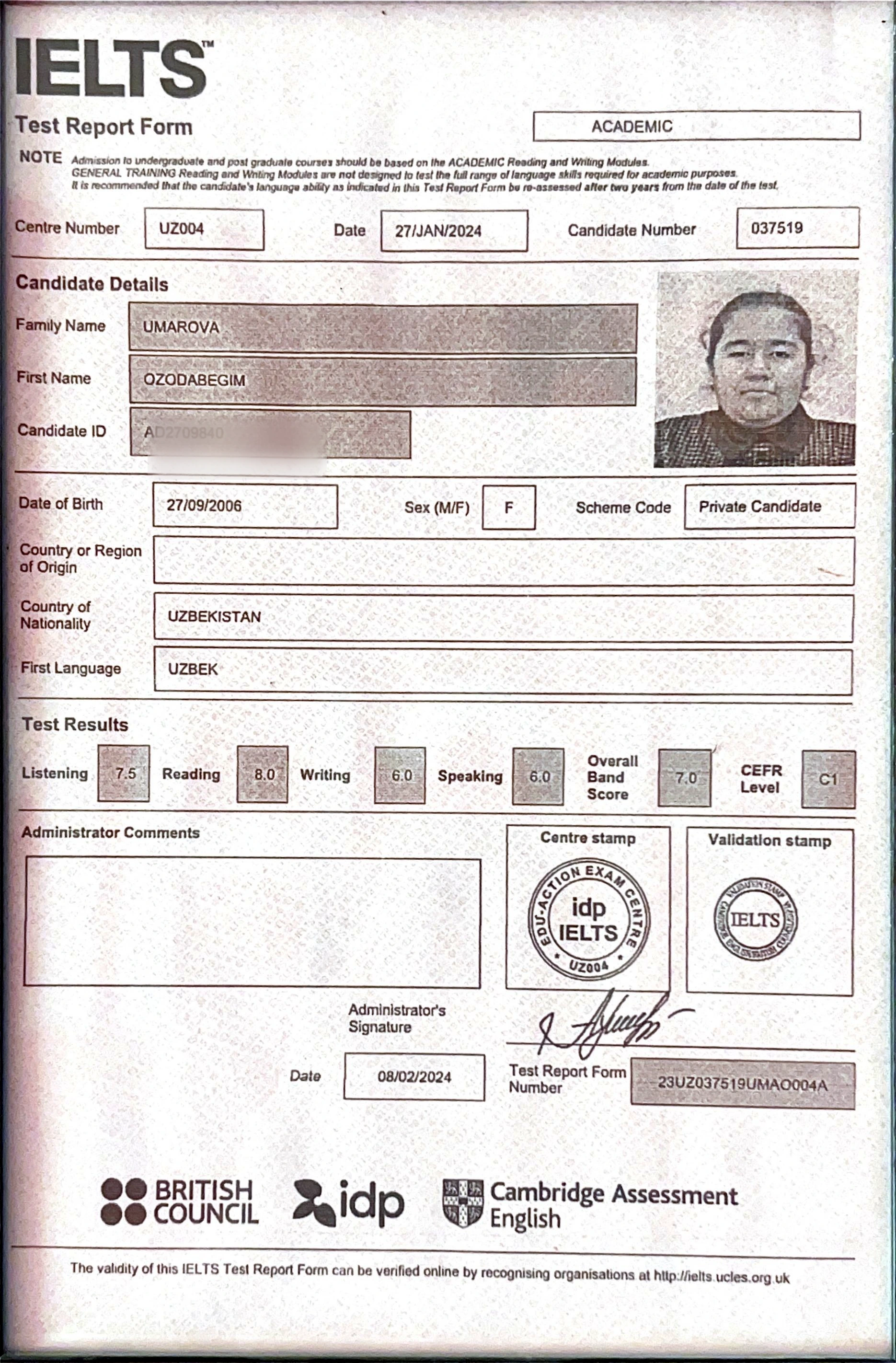 Official IELTS Test Report Form for Ozodabegim Umarova