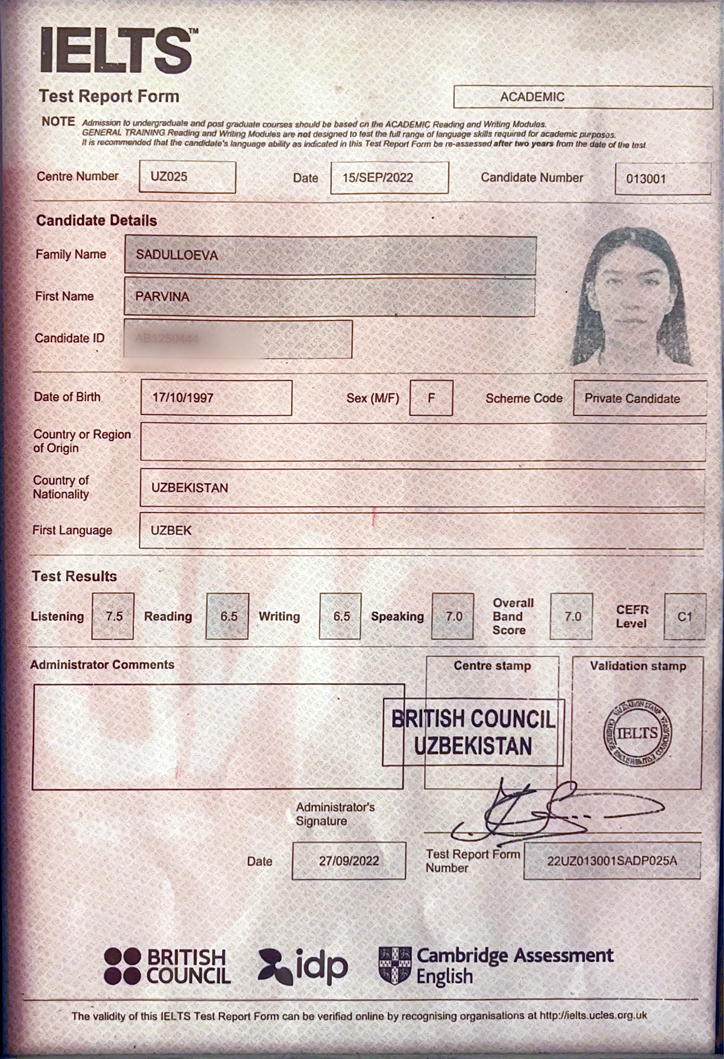Official IELTS Test Report Form for Parvina Sadulloeva
