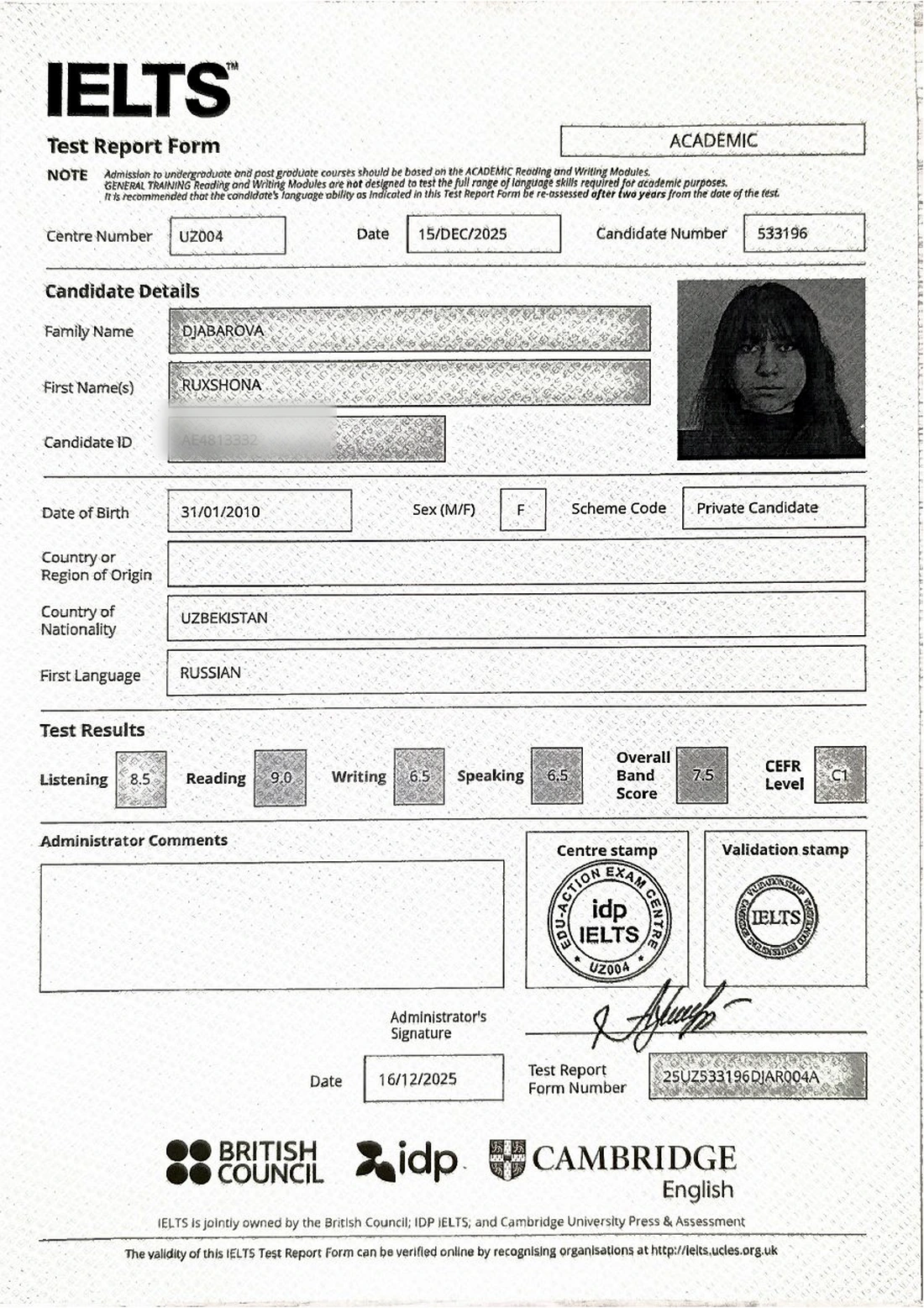 Official IELTS Test Report Form for Ruxshona Djabarova
