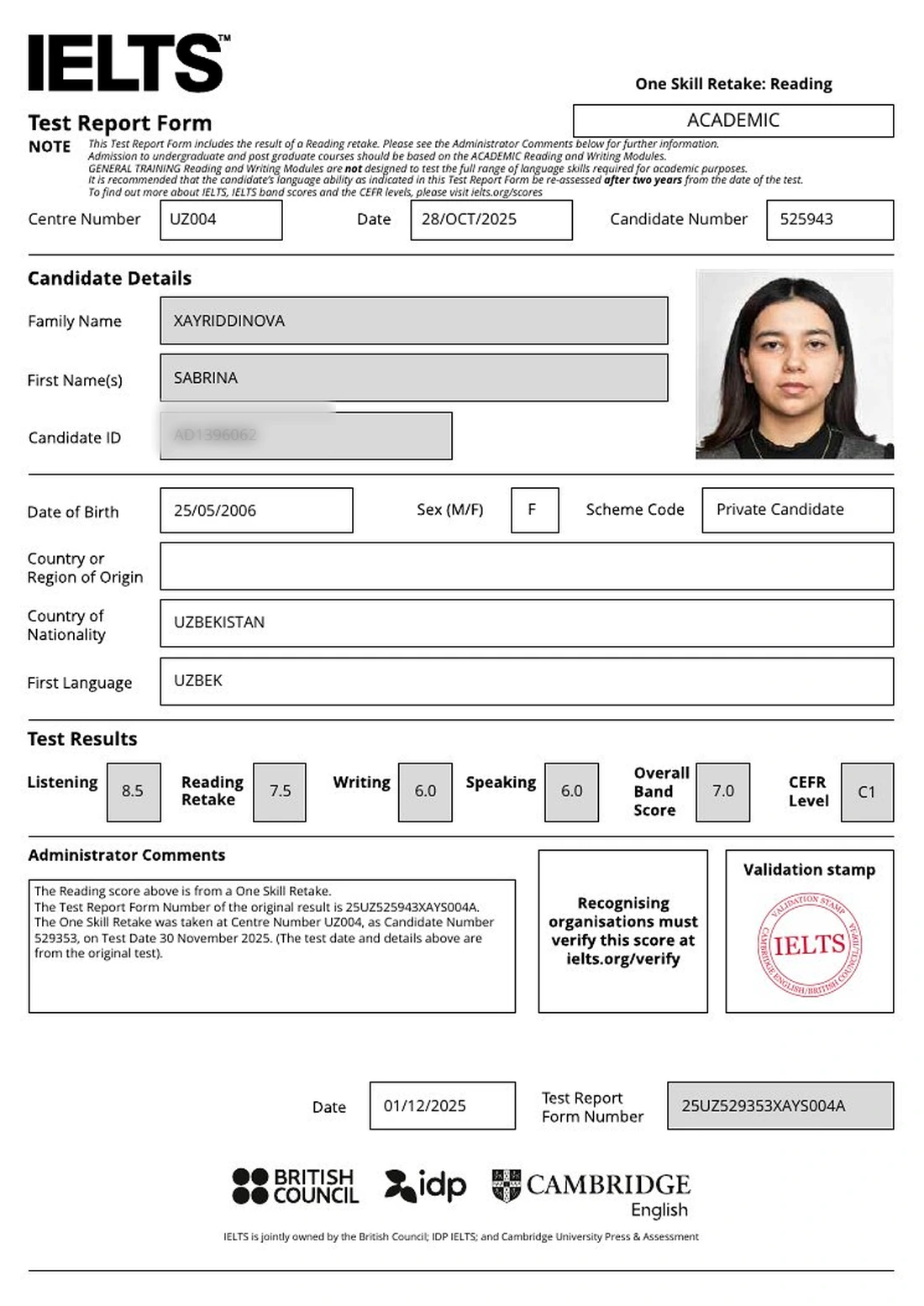 Official IELTS Test Report Form for Sabrina Xayriddinova