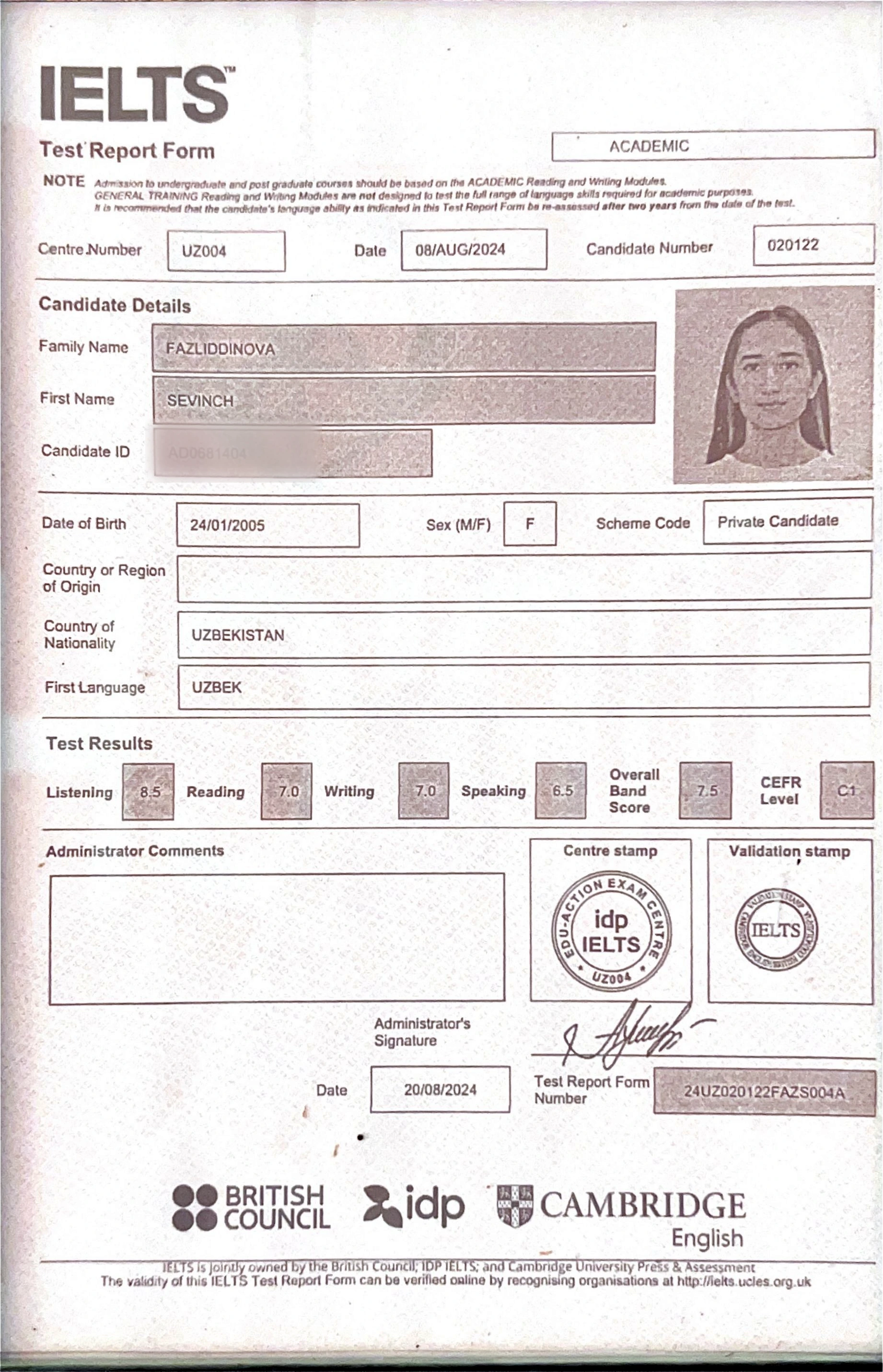 Official IELTS Test Report Form for Sevinch Fazliddinova