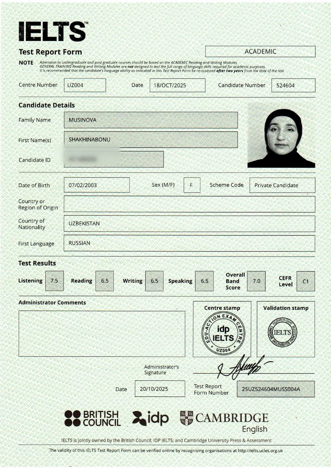 Official IELTS Test Report Form for Shakhinabonu Musinova