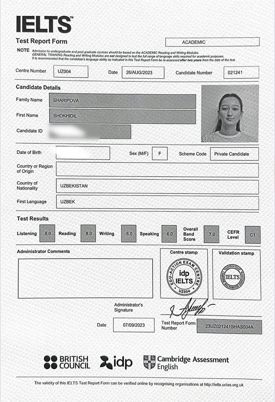 Official IELTS Test Report Form for Shokhidil Sharipova