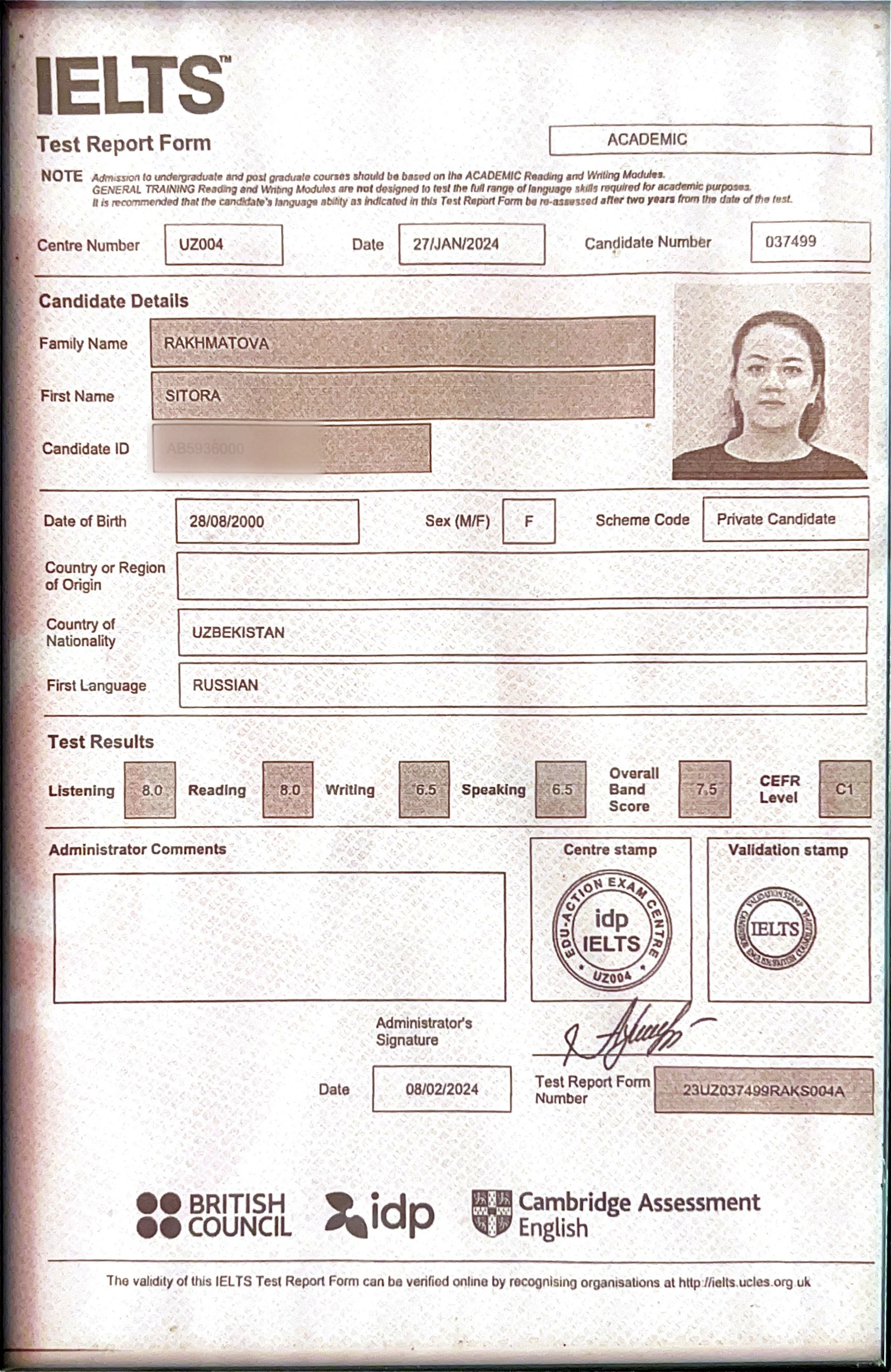 Official IELTS Test Report Form for Sitora Rakhmatova