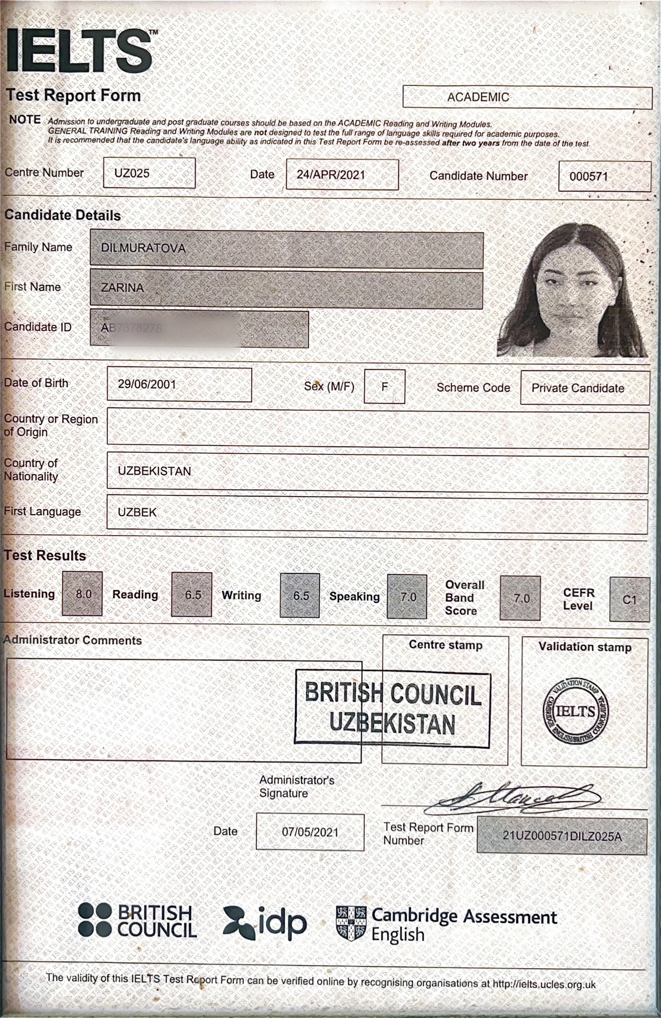 Official IELTS Test Report Form for Zarina Dilmuratova